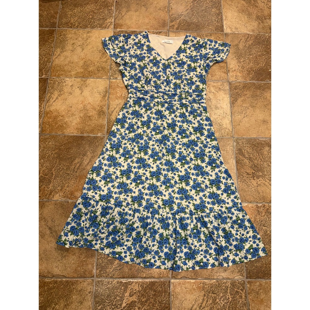 Jasambac Women Blue Floral Rose V-Neck Flutter Sleeve Tiered Midi Dress Large